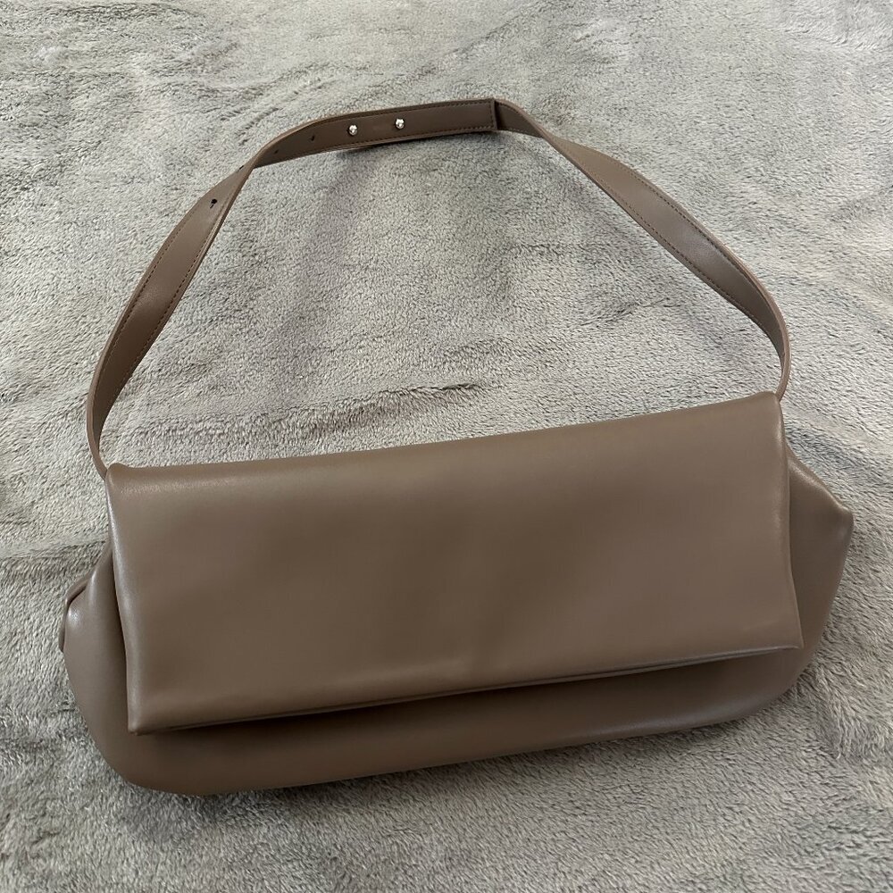 BCBG MaxAzria Fold Over Funnel Shoulder Bag Purse Handbag Taupe Neutral